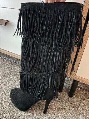 Black Fringe Suede High Heel Boots - Women's Fashion Boot
